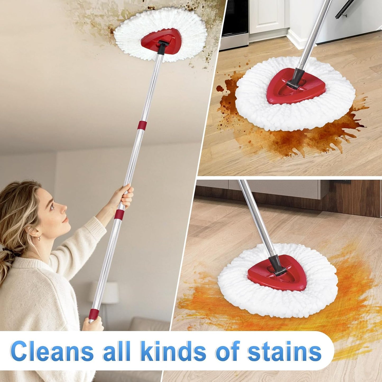 2PCS Mop Heads Replacements, Mop Handle for O Cedar,1 Spin Base for Ocedar, Mop Stick Pole Handle Adjustable 30-58" and Replacement Base Part for Cleaning