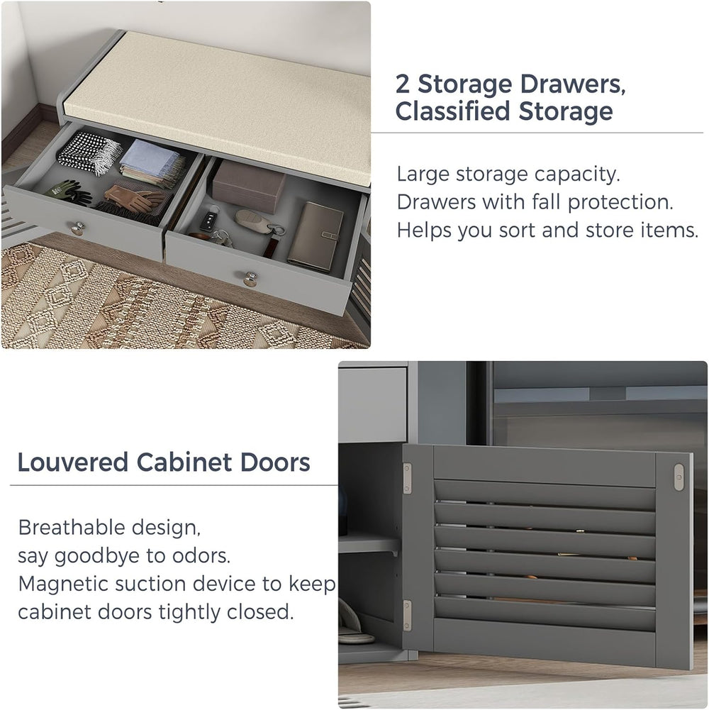 WARMHONIU Shoe Storage Bench with 2 Drawers Storage & Cushioned Seats