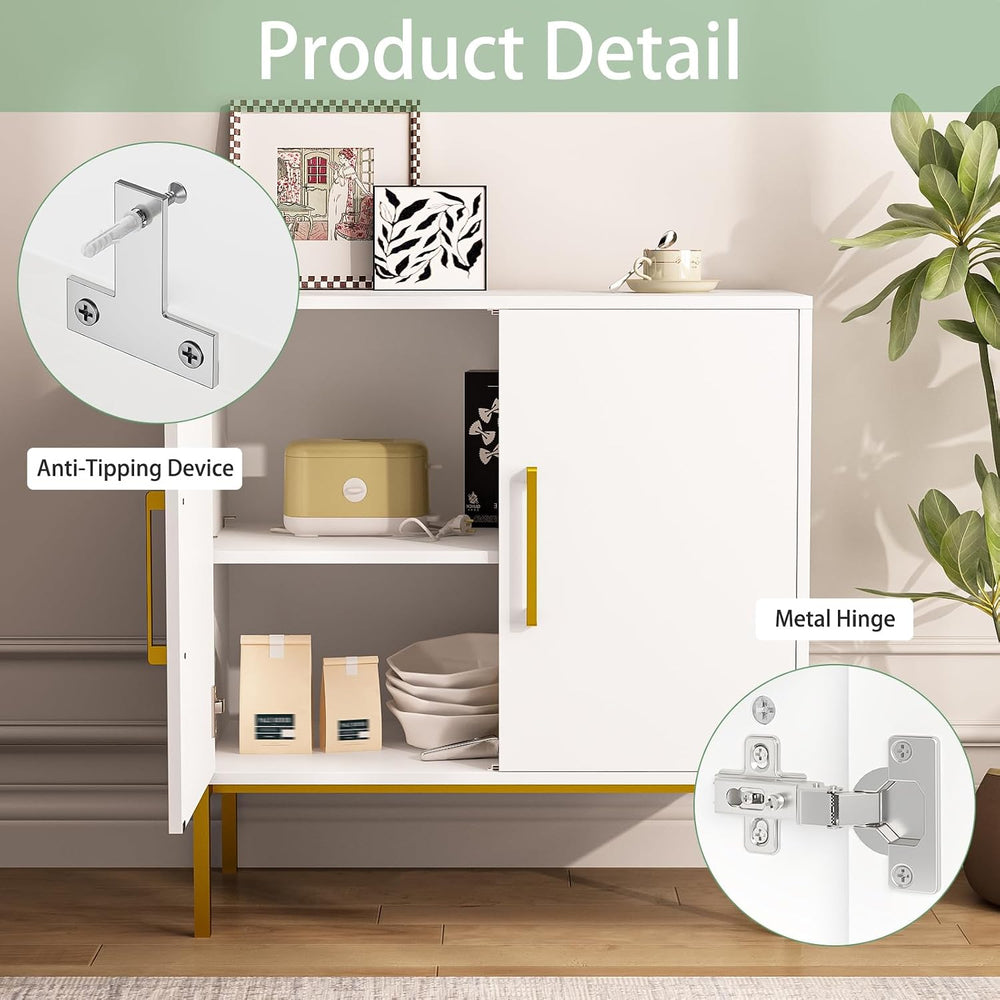 3 Set of Storage Buffet Cabinet with Gold Handles and Metal Legs, White丨Frees...