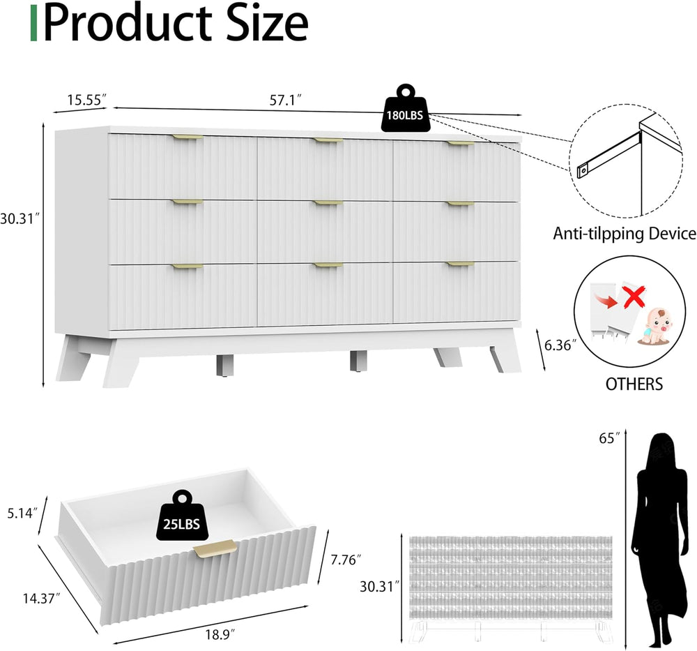 Xixini Fluted Dresser for Bedroom with 9 Drawers, 57" Wide Modern Chest ...