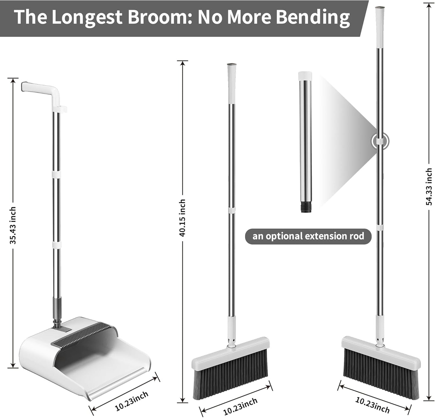 Household 53'' Broom and Dustpan Combo Set, Extra Long Handle Broom and ZeroGap Dustpan Sets with Teeth, Upright Storage Broom and Dustpan Sets for Home and Kitchen Off White