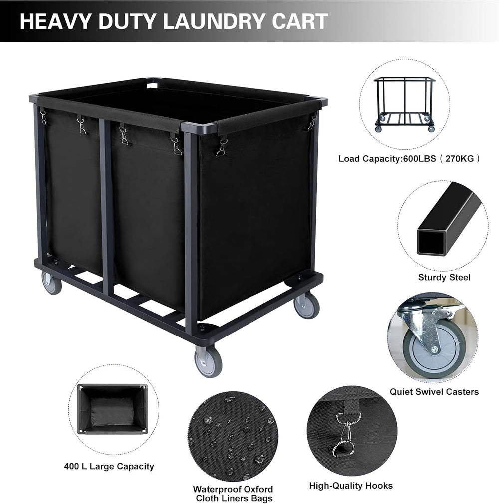 Commercial Laundry Cart with Wheels,400L Black