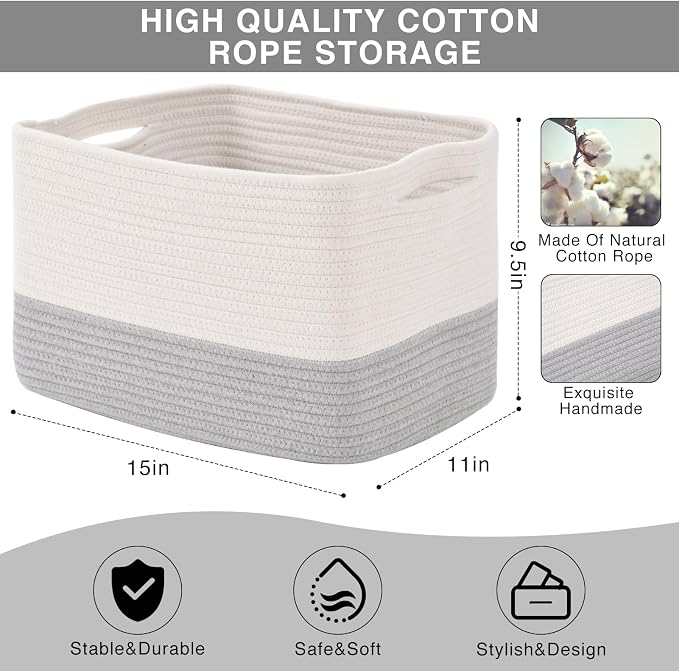 Storage Baskets for Organizing Shelves, Woven Cotton Rope Bins for Baby Nursery - Image 3