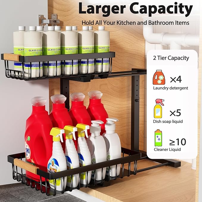 Under Sink Organizer Storage 2 Pack, 2 Tier Slide Out Height Adjustable Pull - Image 2
