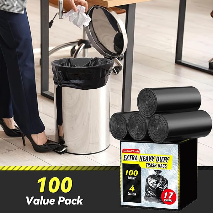 100 Count 17 Micron Extra Heavy Duty 4 Gallon Trash Bags, Sturdy & - Image 2