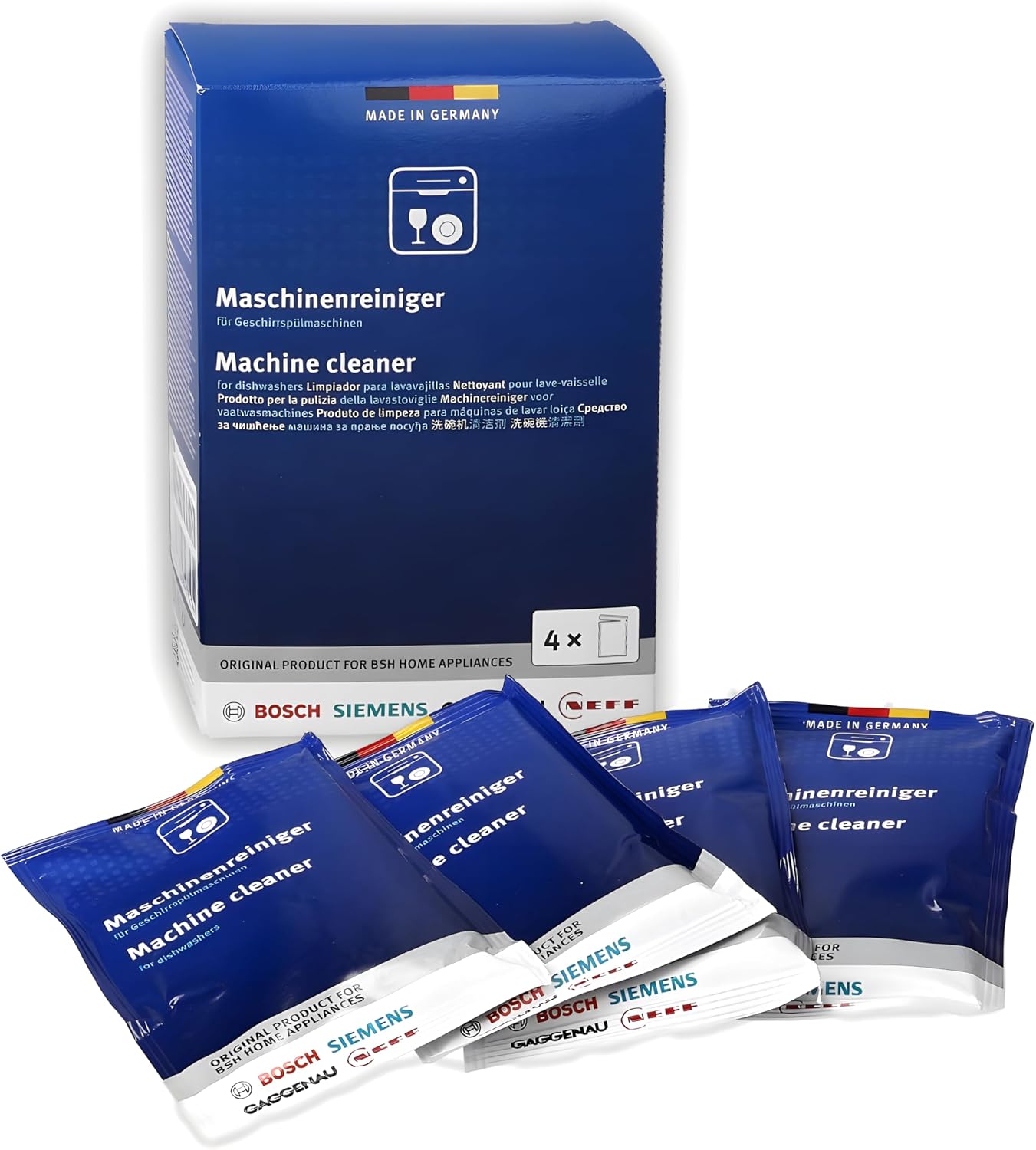 Bosch 312477 Dishwasher Cleaner – 1 Pack of 4 Bags (Total: 6.4 oz / 180g, Each 1.6 oz / 45g) – Removes Limescale & Grease | Improves Performance & Extends Appliance Life
