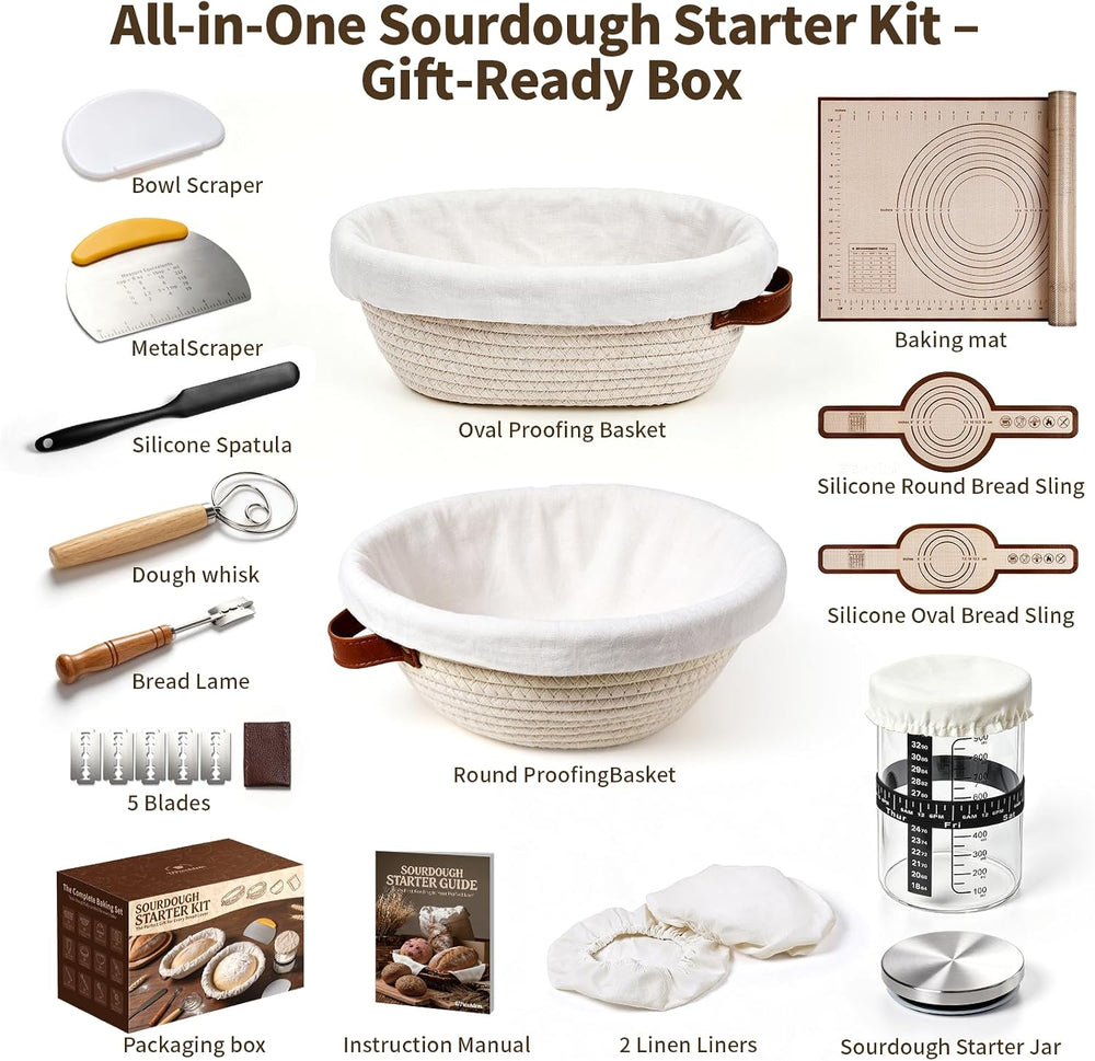 Sourdough Starter Kit with Proofing Basket,bread baking supplies & 34oz Jar