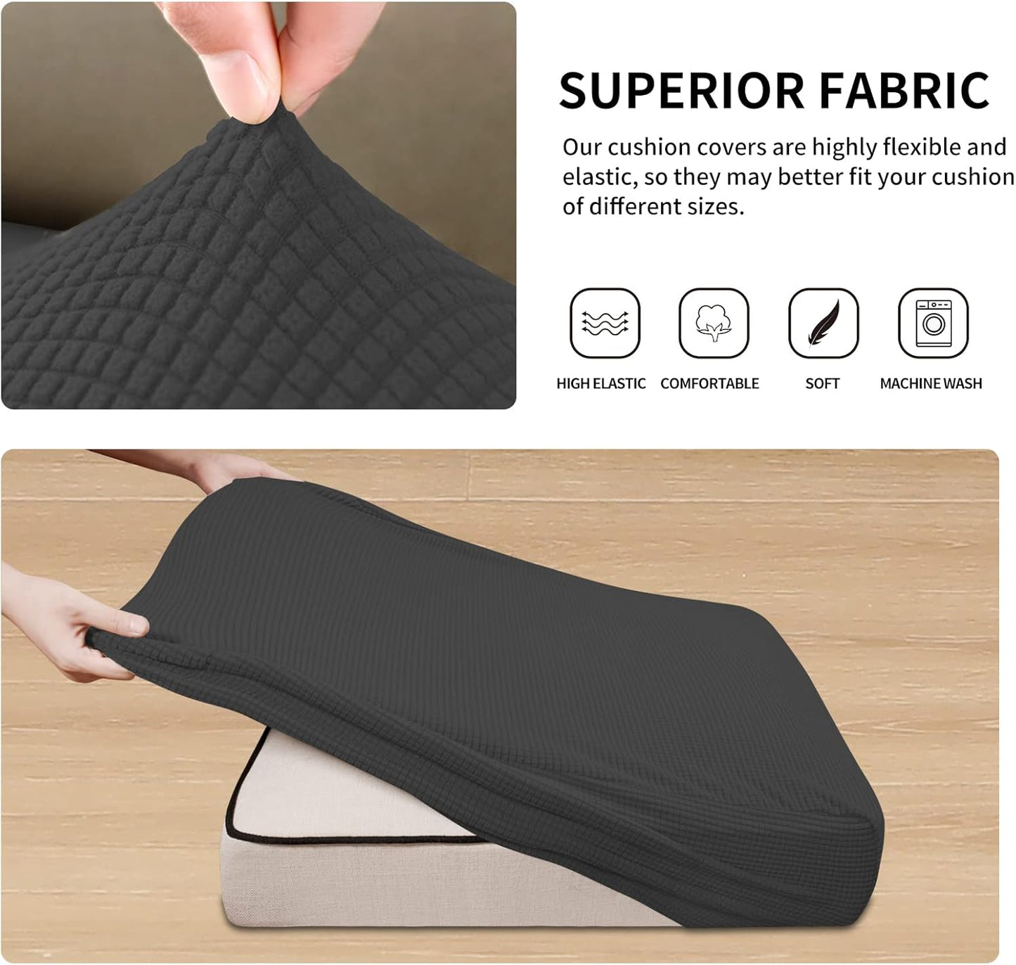 Easy-Going Stretch Individual Chair Couch Cushion Cover Sofa Cushion Furniture Protector Sofa slipcover Soft Flexibility with Elastic Bottom (3-piece Sofa Cushion Cover, Dark Gray)
