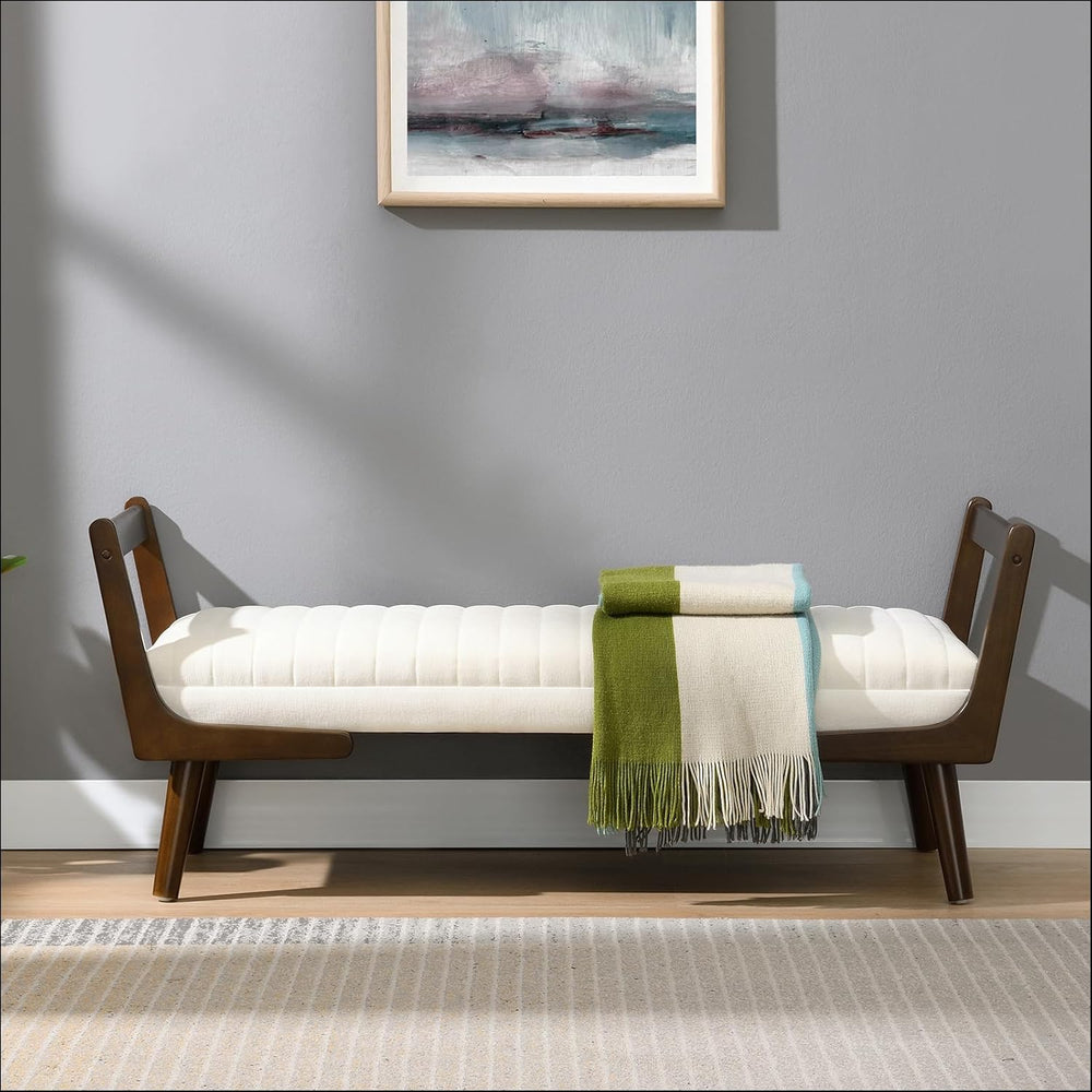 52" Upholstered Bench, Beige Chenille, Walnut Legs