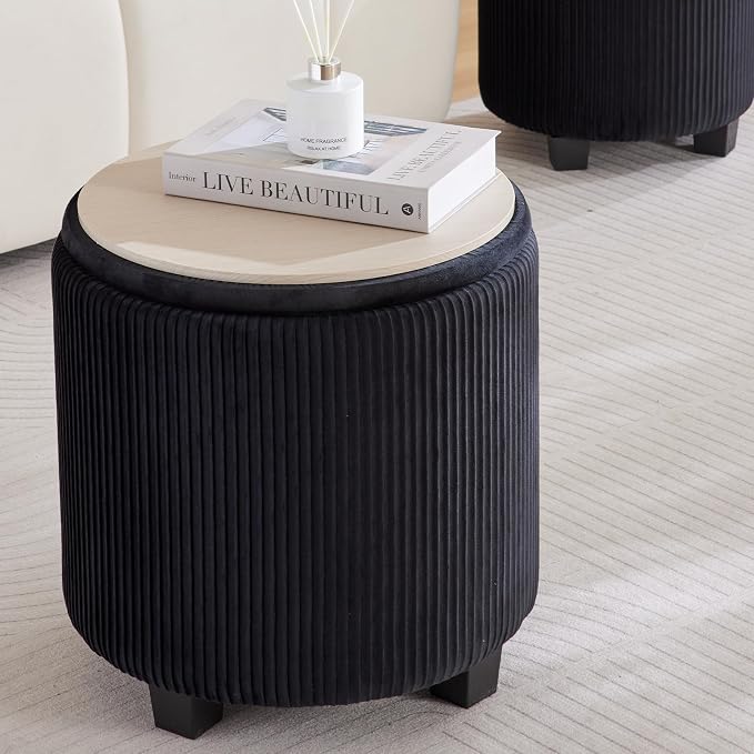 Big Round Ottoman with Storage Set of 2, Upholstered Velvet Vanity Stool - Image 7