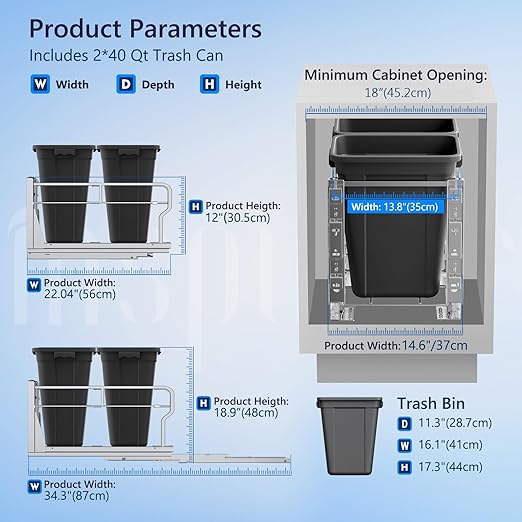 Insputer Double 40QT Pull Out Trash Can Under Cabinet, Heavy Duty Under Sink - Image 3