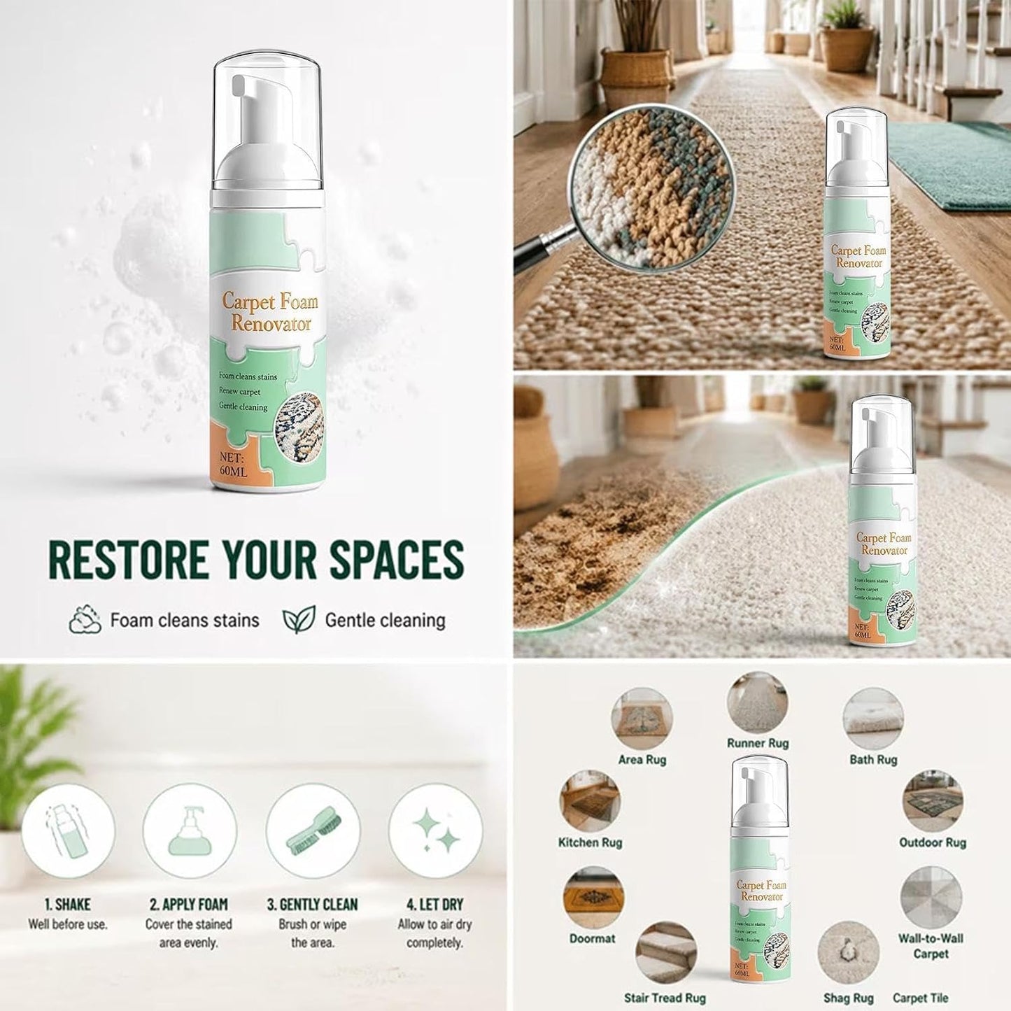 Foam Carpet Cleaner - Fabric Stain Remover - 60ml Upholstery Cleaning Spray | Carpet Stain Remover for Sofa Couch Furniture Mattress Seat Car Interior Mat Cushion