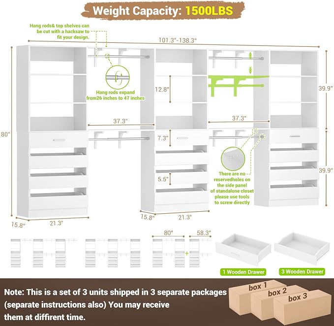 Aheaplus Closet System Set of 3, 138.5" Wood Closet Organizer System Tower - Image 7