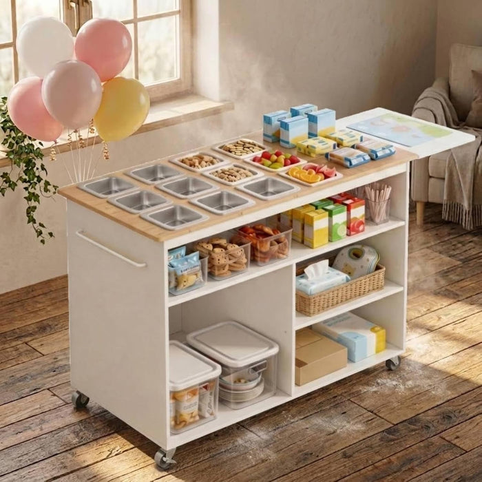 Charcuterie Cart with 12 Stainless Steel Food Pans,Rolling Kitchen Island/Dessert Cart with 4 Storage Compartments and 4 Rubber Swivel Wheels Mobile Pizza Topping & Salad Station for Party & Catering