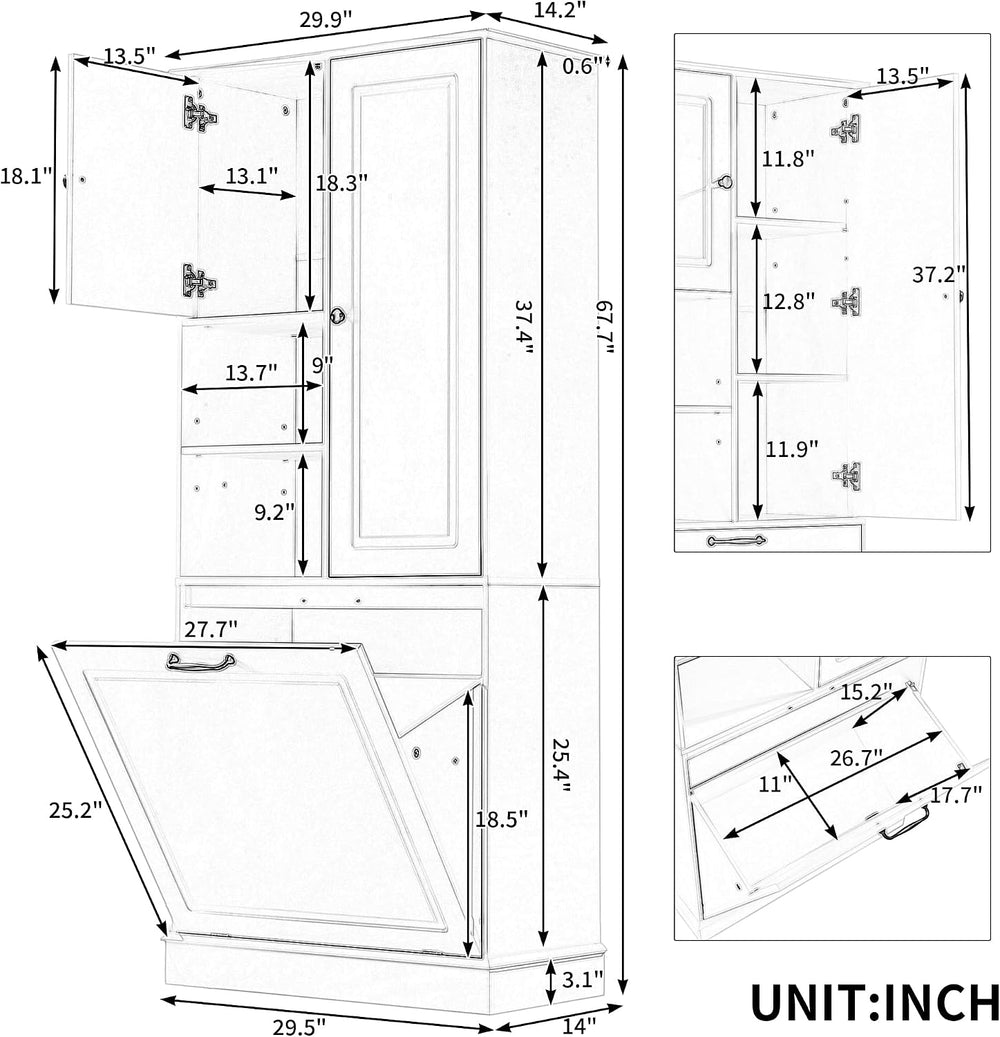 68" Tall Bathroom Storage Cabinet with Two Doors and Tilt-Out Laundry Ha...