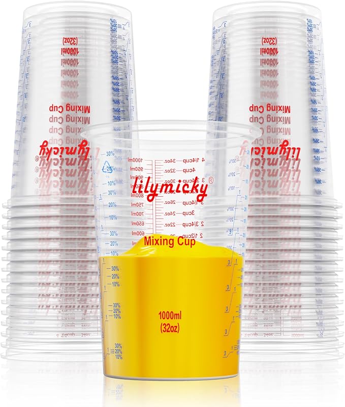 25 PACK Plastic Measuring Cups, 32 oz Disposable Mixing Cups, Measurement by Lilymicky