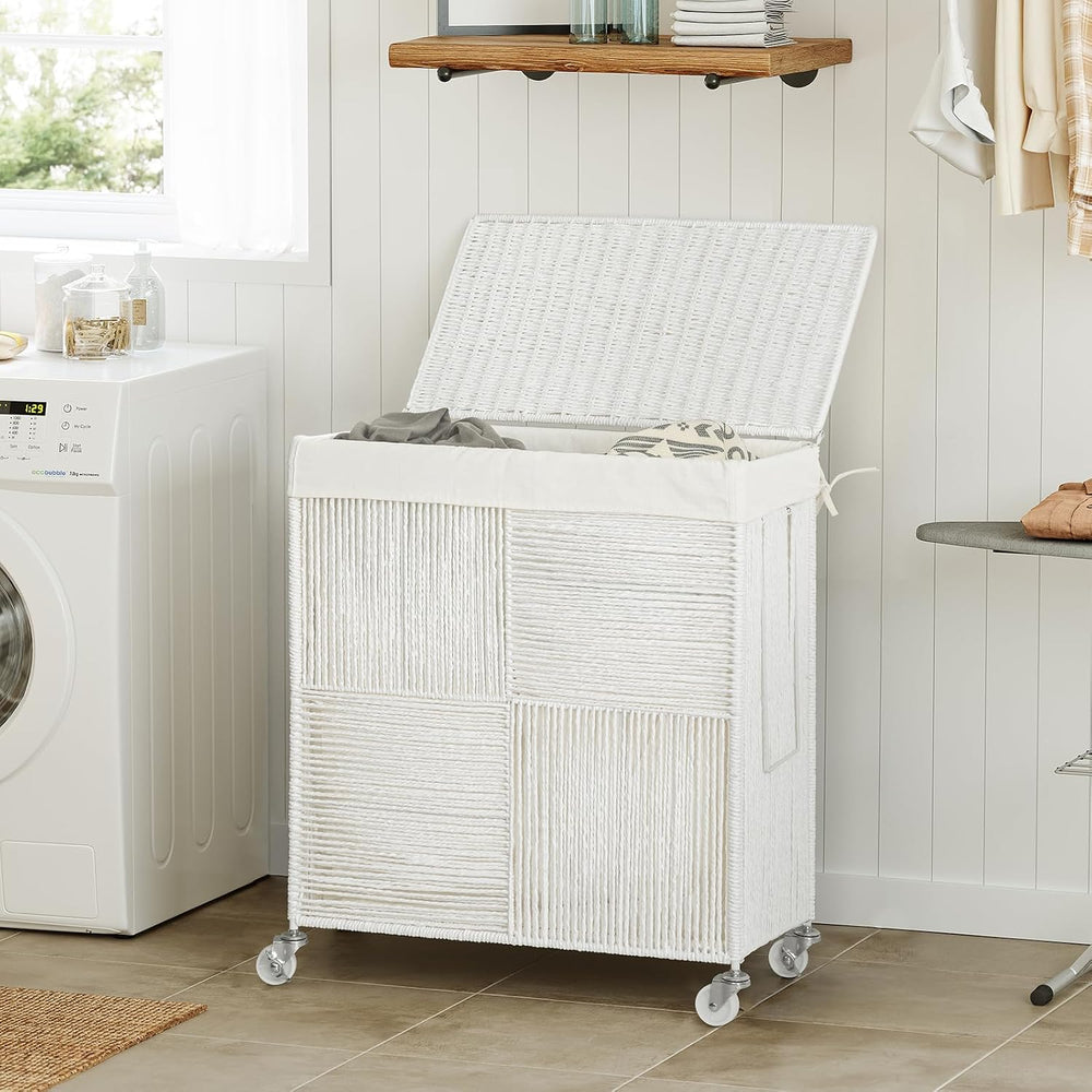 WOWLIVE Double Laundry Hamper with Wheels, Handwoven Rolling Laundry Basket