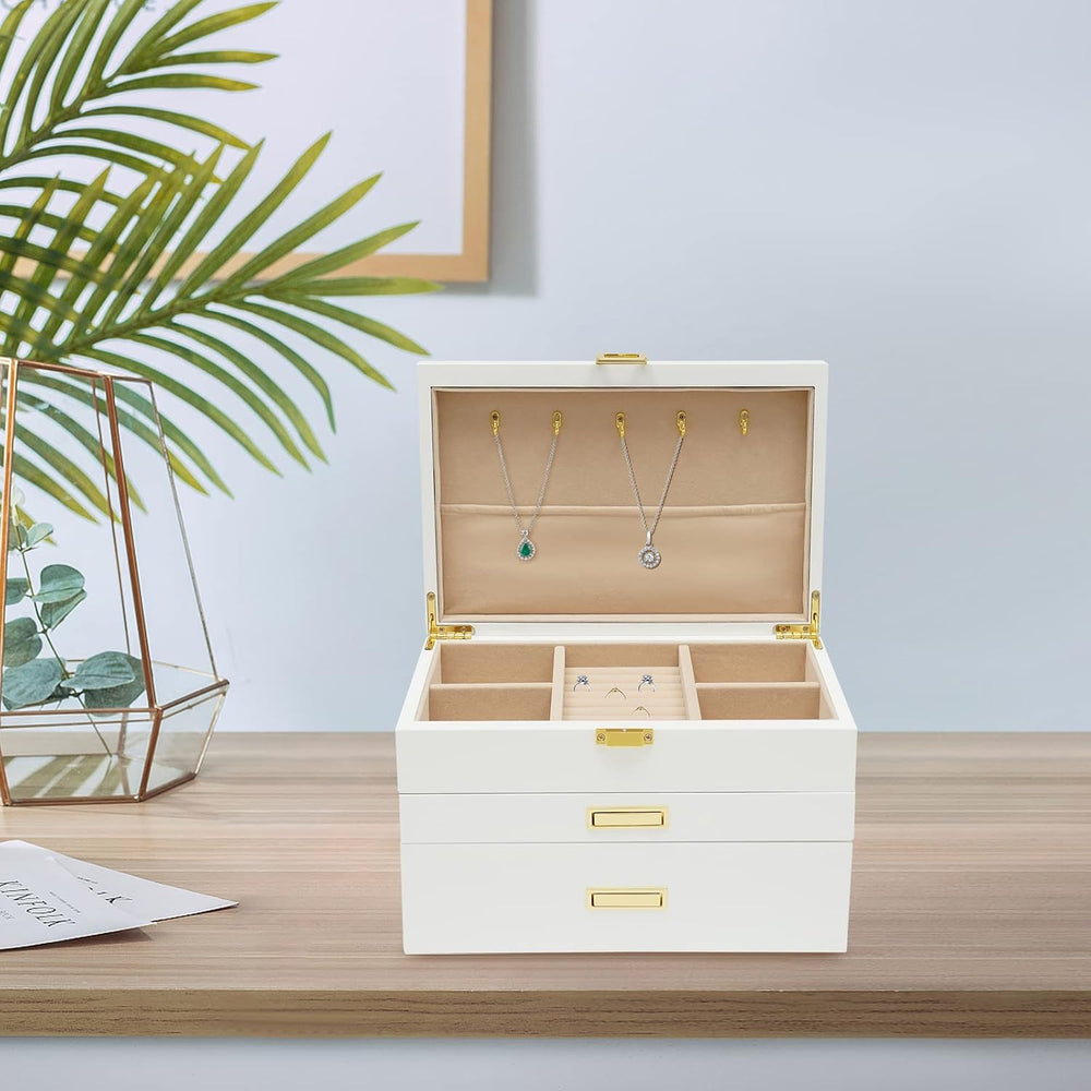 3 Layers Jewelry Storage Box with 2 Drawers, Large Wooden Jewelry Box for Wom...