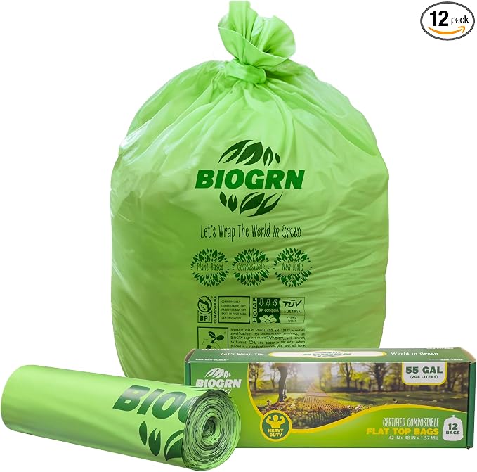 50-55 Gallon Compostable Trash Bags Flat-Top 12 Bags Heavy Duty 1.57 Mil 208.2 by BIOGRN