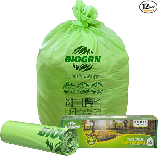 50-55 Gallon Compostable Trash Bags Flat-Top 12 Bags Heavy Duty 1.57 Mil 208.2 by BIOGRN