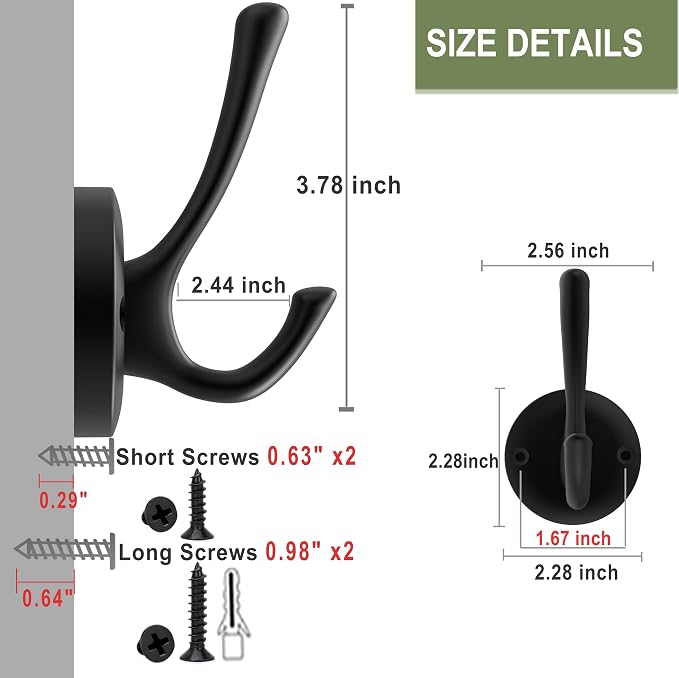 Black Towel Hooks, 2 Pack Coat Robe Hook Heavy Duty Metal Double Bathrobe Hook - Image 8