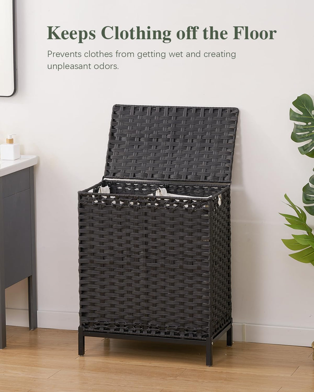 SETVSON Laundry Hamper with Lid, 112 L PE Rattan Woven Bin, Black