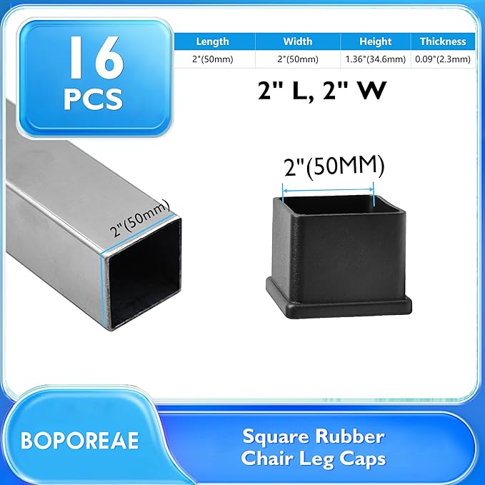 16 Pcs 2" x 2" Square Rubber Chair Leg Caps, PVC Table Leg Covers, Flexible & - Image 2