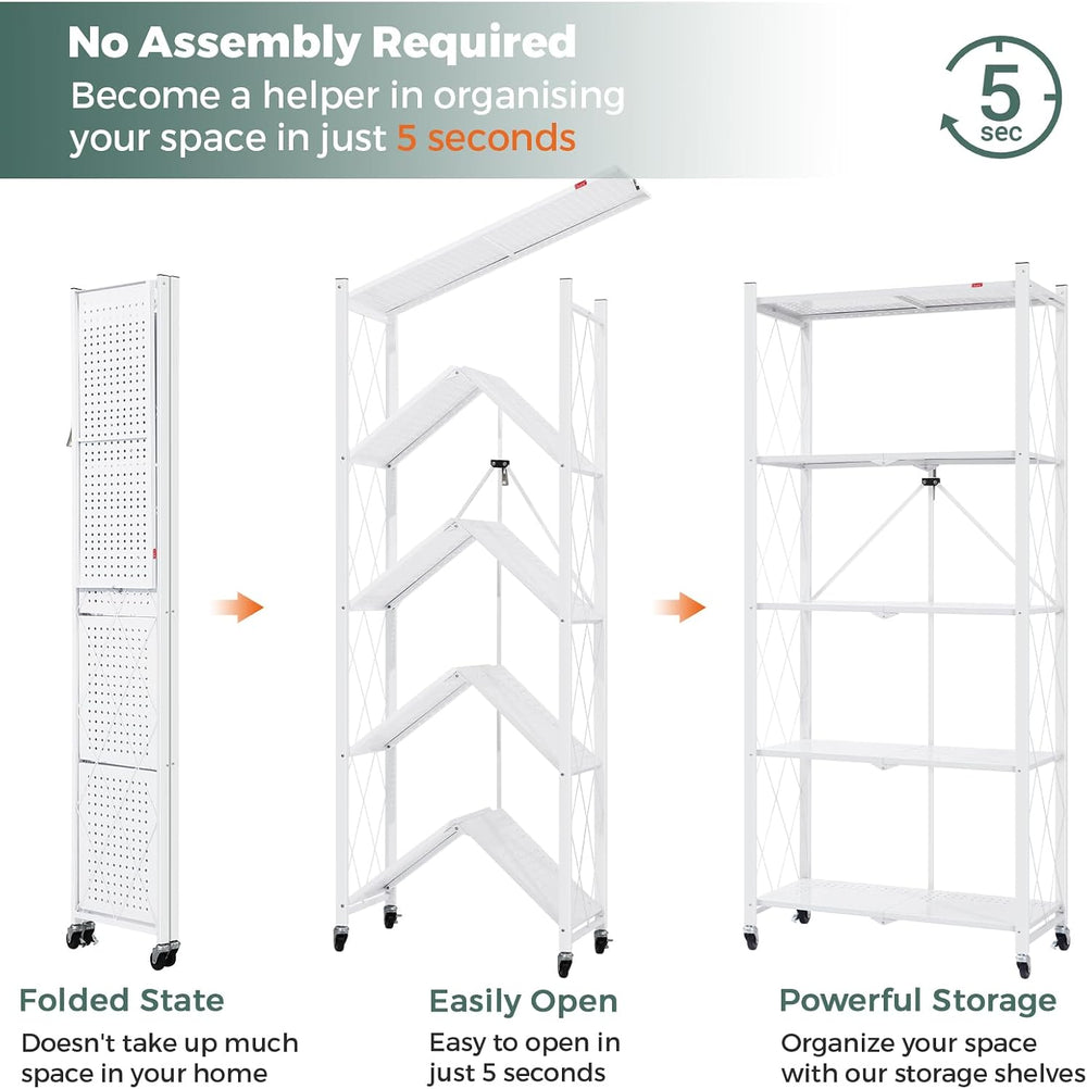 DEANIC 5 Tier Foldable Storage Shelves with Wheels, Large Capacity Shelving U...
