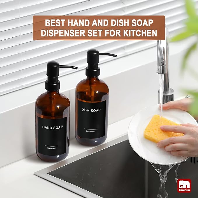 GMISUN Amber Glass Soap Dispenser, 2 Pack Bathroom Hand Soap Dispensers - Image 6