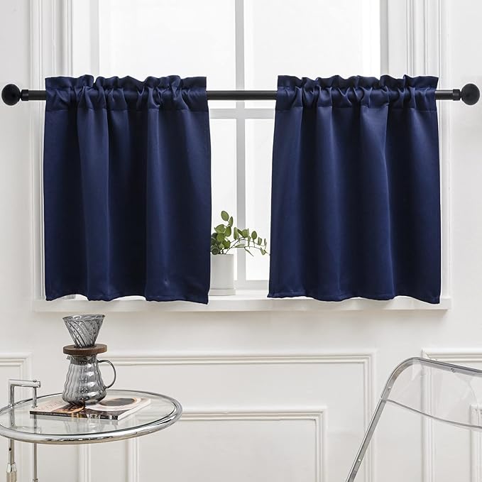 Pickluc Navy Blue Cafe Curtain 30 Inches Length, Rod Pocket Small Kitchen by PICKLUC