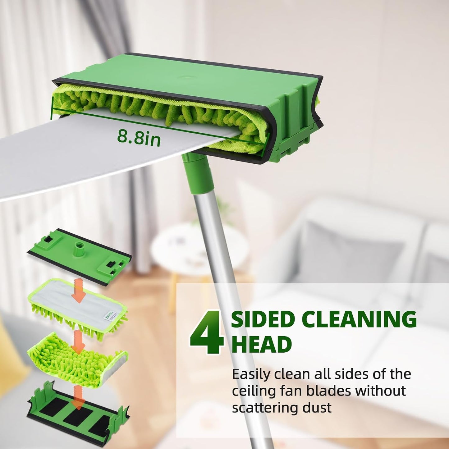 Ceiling Fan Cleaner Cobweb Duster with 6Ft/72'' Extension Pole High Ceiling Fan Blade Cleaning Tool Microfiber Duster Reusable Pads for Cleaning Ceiling Fan, Spider Web, Baseboard, Blind