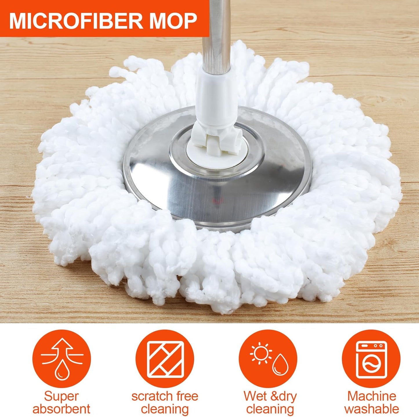 Spin Mop Replacement Handle,360°Spin Mop Pole Handle Replacement Rotating Telescopic Stick for Head Replace, 2 Microfiber Mop,37-to-61 inch Mop Stick Spinning Household Cleaning Accessories for Home