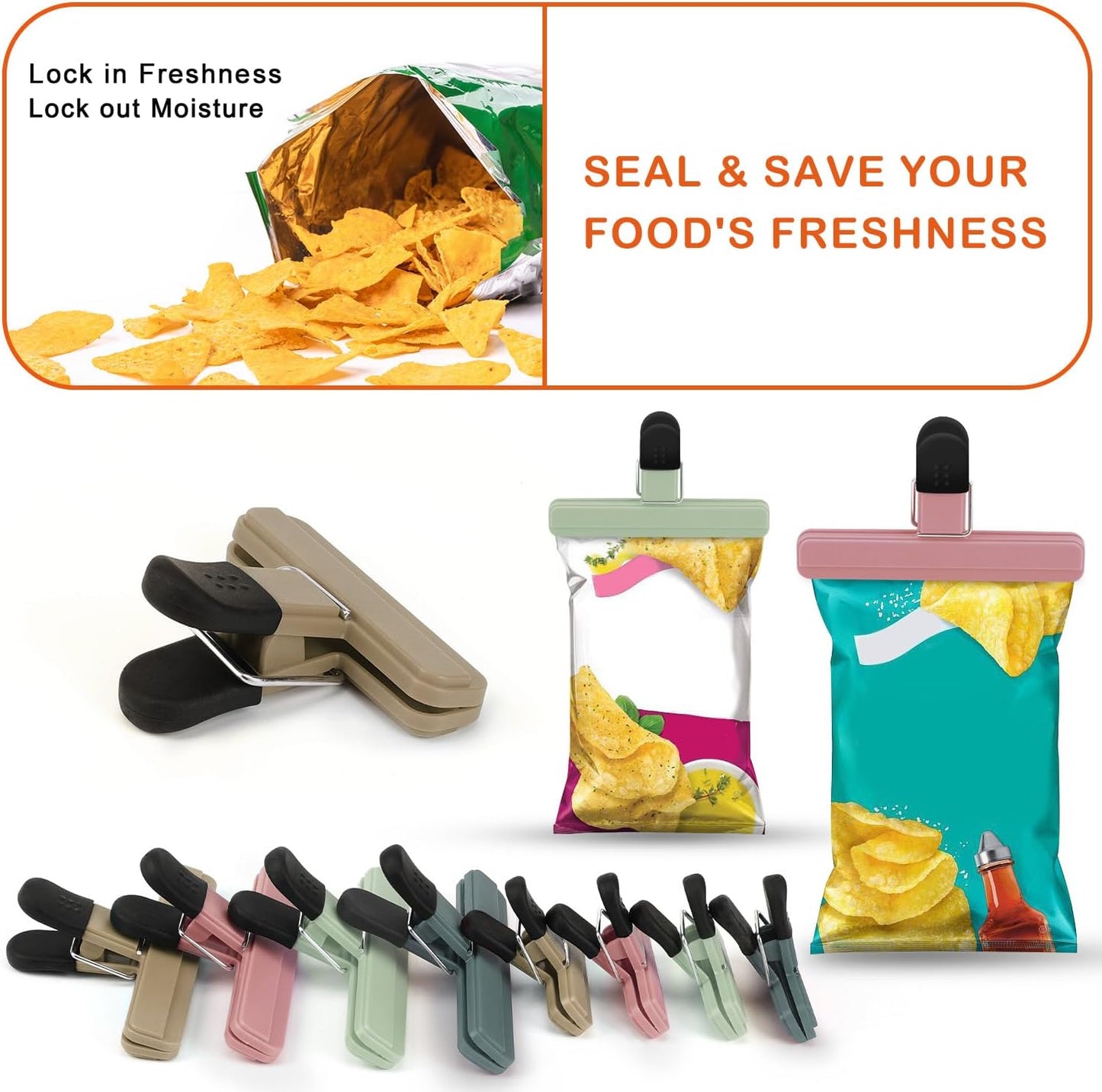 Chip Clips, 8 Pack Food Clips, Upgrade Wide Open Bag Clip for Food Storage with Air Tight Seal Grip Neutral Color (4 x L, 4 x S)