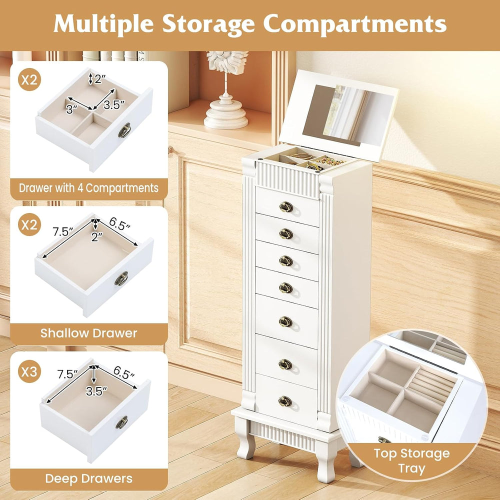 GIANTEX Standing Jewelry Cabinet with 7 Drawers, Flip-Top Mirror, White