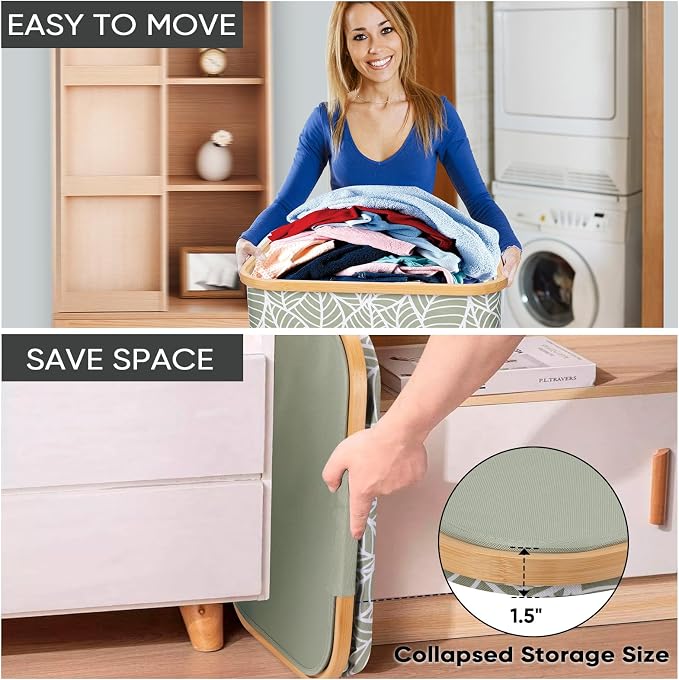 BALEINE Laundry Hamper with Lid, Tall Laundry Baskets with Bamboo Pull Handles