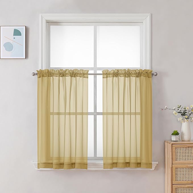 Chyhomenyc Gold Sheer Curtains 36 inch Length 2 Panels Set, Light Filtering by Chyhomenyc