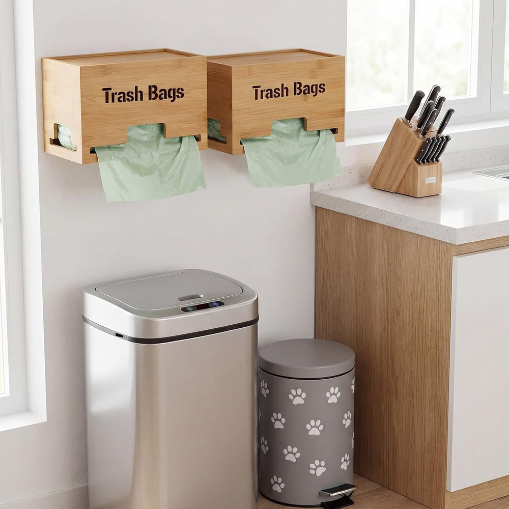 Kathfly 2 Pcs Bamboo Trash Bag Holder Dispenser Stackable Garbage Bag Dispens...