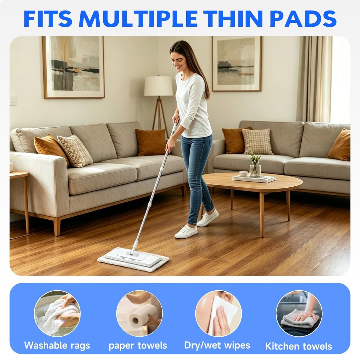 New 2-in-1 Push Clamp Lazy Mop – Hands Free Flat Mops, Quick Mopping & Sweeping, Compatible with Most Pads, Adjustable Handle, Perfect for Homes with Kids & Pets, 10 Dust Cloths(Large Flat Mop)
