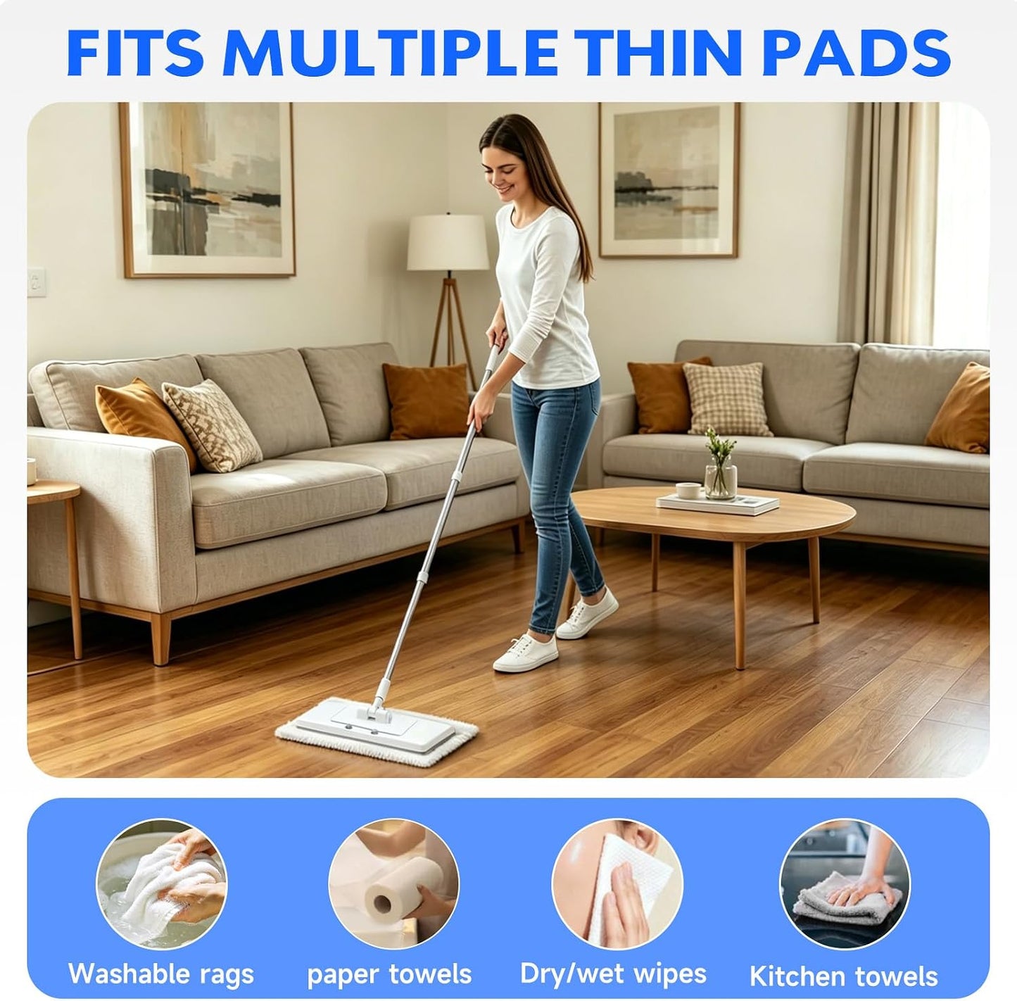 New 2-in-1 Push Clamp Lazy Mop – Hands Free Flat Mops, Quick Mopping & Sweeping, Compatible with Most Pads, Adjustable Handle, Perfect for Homes with Kids & Pets, 10 Dust Cloths(Large Flat Mop)