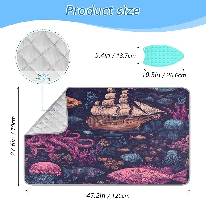 Red Blue Pirate Ship and Fish Ironing Mat Thickened Ironing Blanket Travel - Image 2
