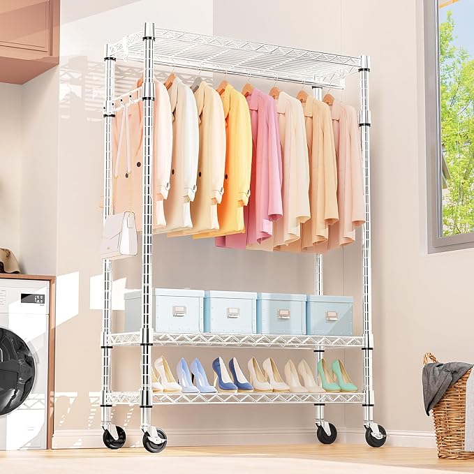 Heavy Duty Rolling Garment Rack 3 Tiers Adjustable Wire Shelving Clothes Rack - Image 5