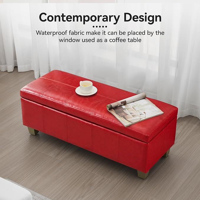 41" Faux Leather Storage Ottoman, Stitch Tufted Rectangle Upholstered End of - Image 7