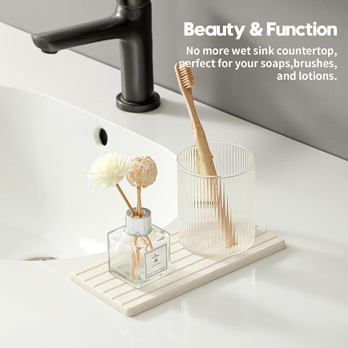 2 Pack Greige Bathroom Sink Vanity Trays, Diatomite Stone Kitchen Counter Caddy - Image 2