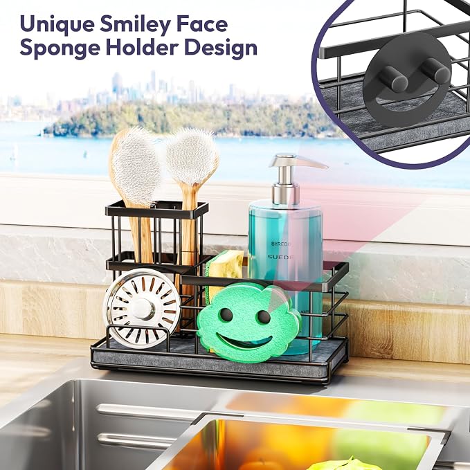 SWTYMIKI Kitchen Sink Caddy Organizer, Quick Dry Smiley Face Sponge Holder - Image 4