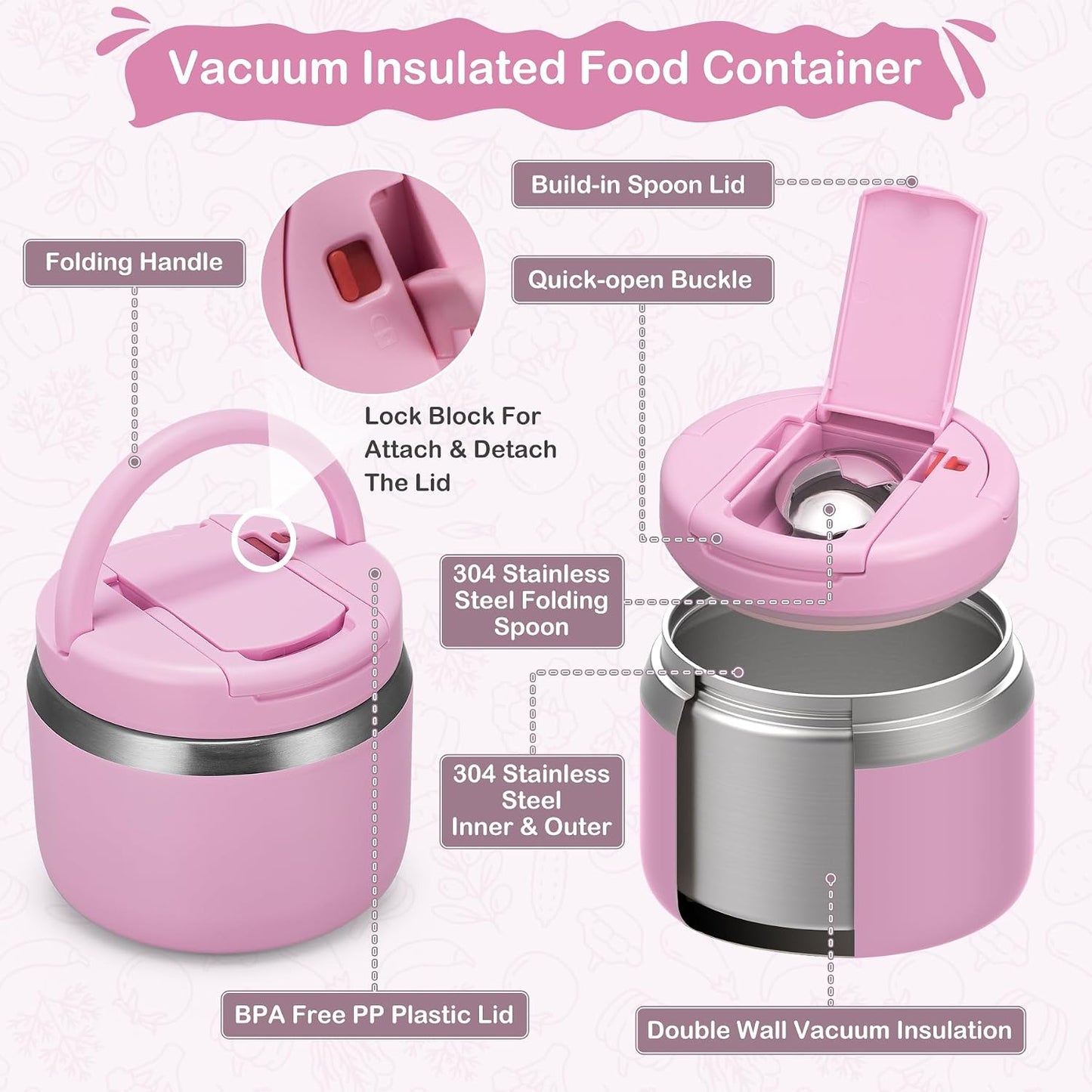 14oz Vacuum Insulated Food Jar with Spoon Buckle Lid, Kids Soup Thermo for Hot Food Wide Mouth Leakproof Stainless Steel Lunch Container - Pink