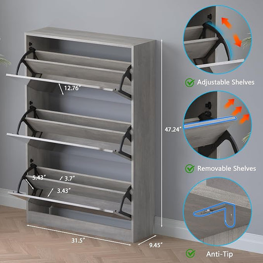Shoe Cabinet with 3-Flip Mirror Drawers, Freestanding Shoe Rack Organizer with - Image 2