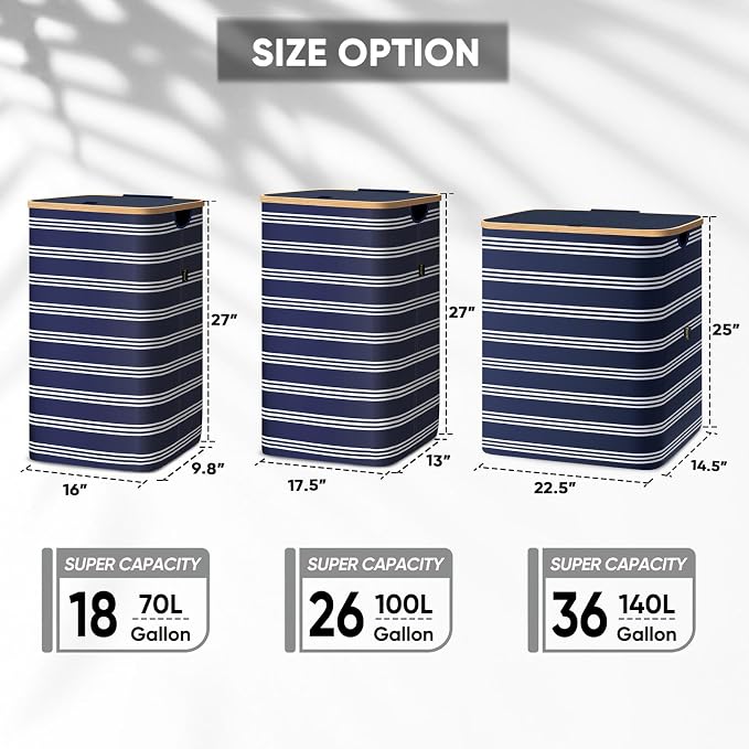 BALEINE Laundry Hamper with Lid, Tall Laundry Baskets with Bamboo Pull Handles - Image 2