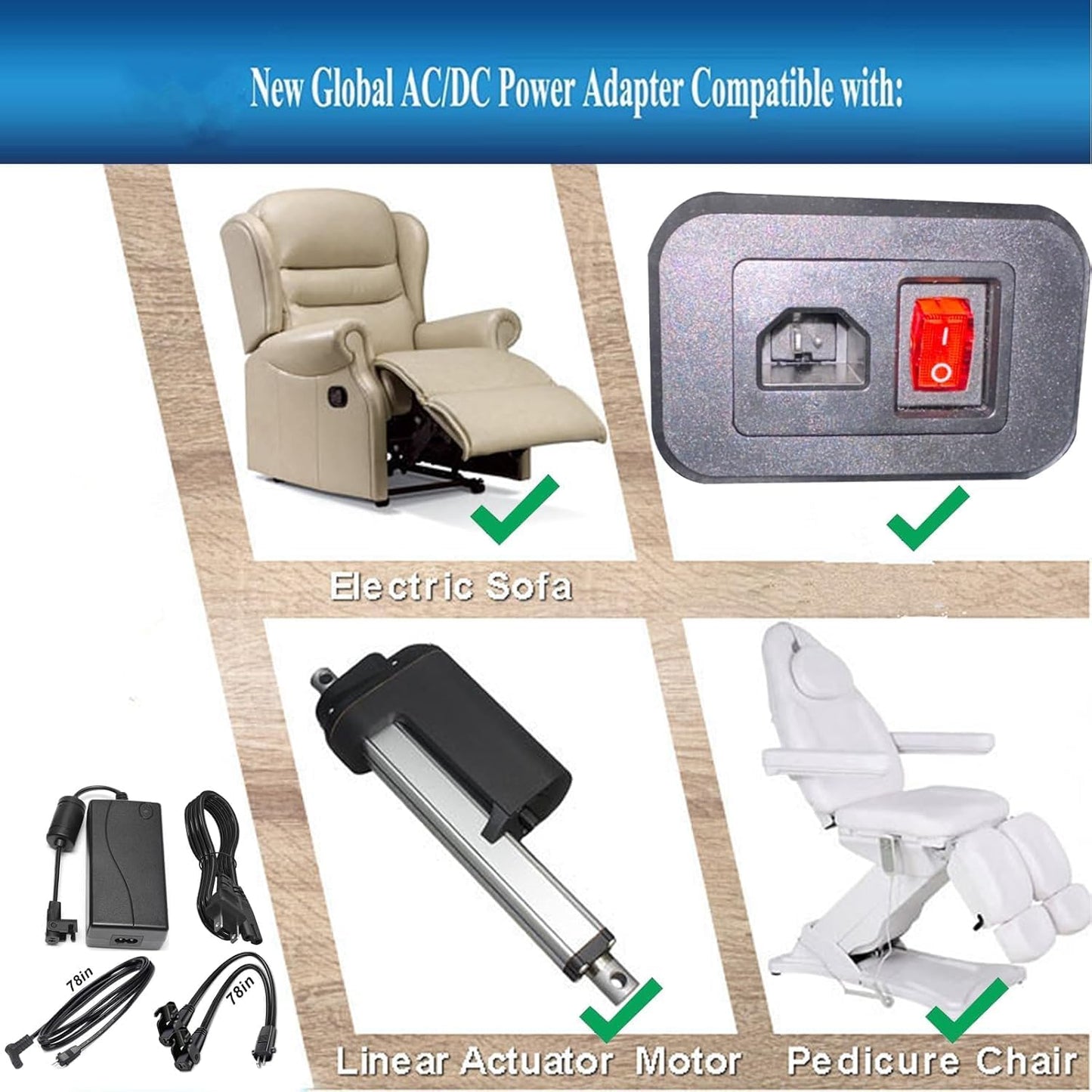 Universal Dual Motor Power Supply Transformer with AC Power Cord, L Shape DC Extension Cable and Y Splitter Cord,29V 2A Recliner Power Supply Kit-4-Piece for Recliner, Lift Chairs and Sofa