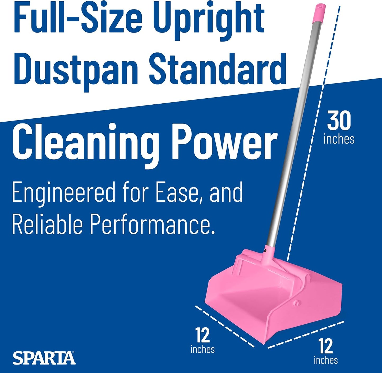 SPARTA Color Coded Upright Dustpan with 30 Inch Aluminum Handle, Serrated Edge and Locking Yoke, Standing Commercial Floor Dust Pan, Pink