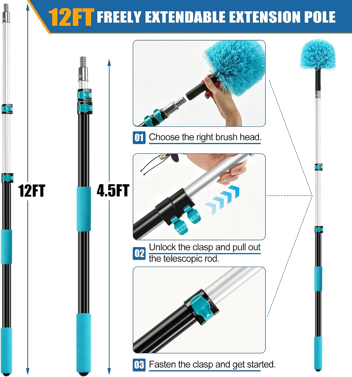 FIDISP 20 Foot High Duster with Extension Pole 4.5-12FT, 1.2" Thick Aluminum Wobble-Free Handle, 9 PCS Ceiling Fan Cleaner Duster Kit with Hooks, Spider Web Brush with Pole for High Ceilings & Outdoor